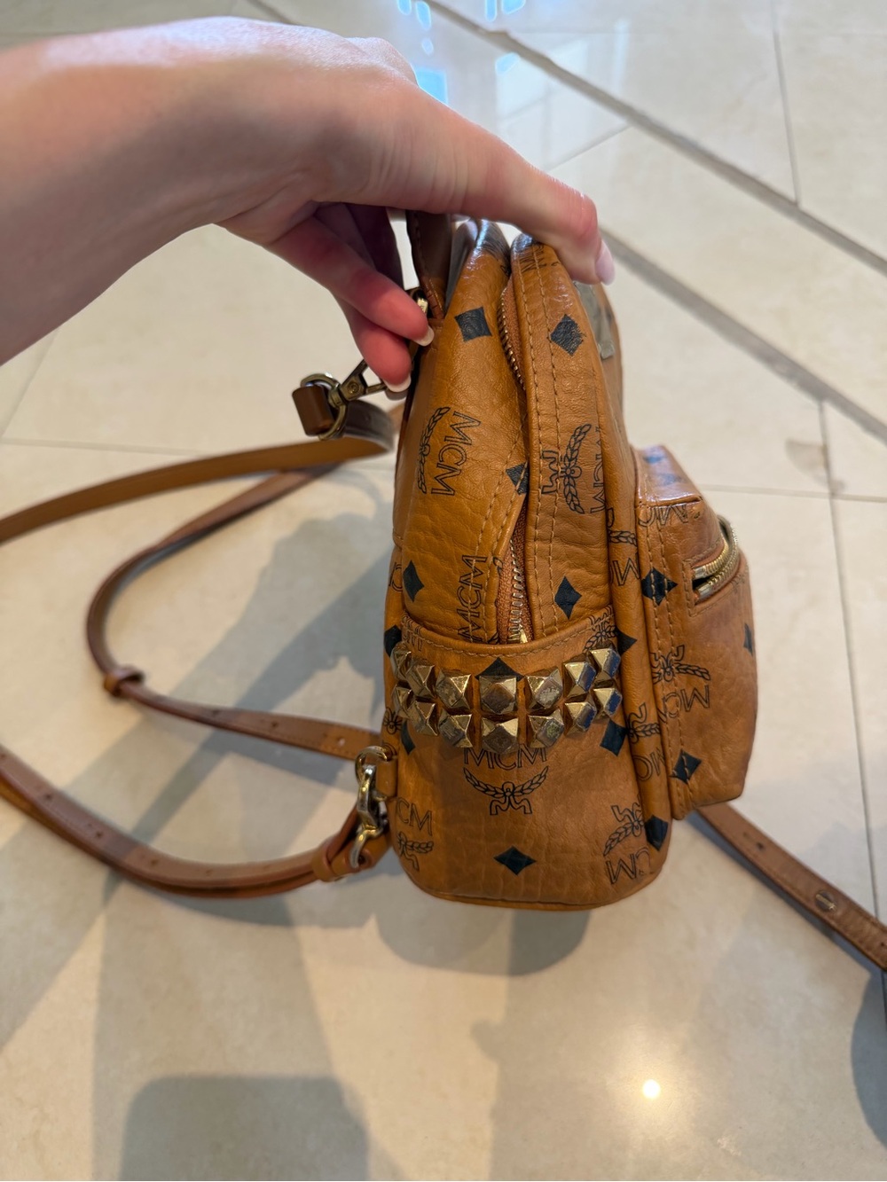 MCM Cognac Logo Mini Backpack with Stud Accents - Picture 3 of 6